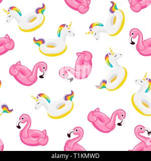 Nahtlose Muster rosa Flamingo und farbigen Einhorn aufblasbar. Pool schwimmen. Aufblasbare bunte Einhorn. Schwimmen Kreis. Realistische Sommer illustra Stock Vektor