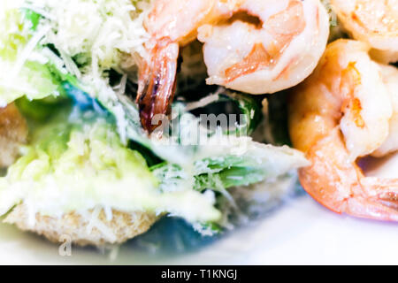 Caesar Salat mit Garnelen auf weiße Platte im Restaurant Stockfoto