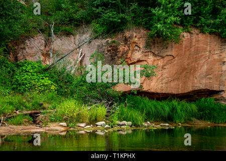 Nahaufnahme von sandsteinfelsen Formation mit Höhle am Ufer des Flusses Gauja in Lettland. Die Gauja ist der längste Fluss in Lettland, das nur in Th befindet. Stockfoto