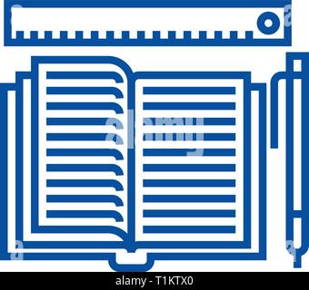 Studium, offenes Buch, Stift, Lineal Symbol Leitung Konzept. Studium, offenes Buch, Stift, Lineal flach Vektor Symbol, Zeichen, umriss Abbildung. Stock Vektor