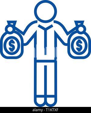 Erfolgreiche Person mit Geld beutel Symbol Leitung Konzept. Erfolgreiche Person mit Geld Beutel flach Vektor Symbol, Zeichen, umriss Abbildung. Stock Vektor