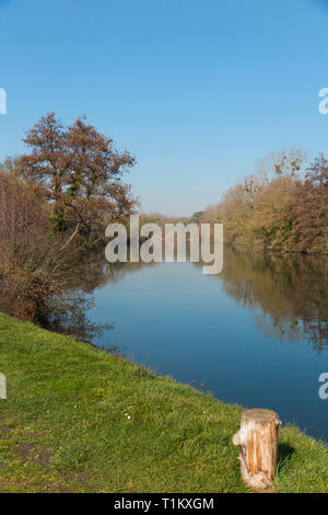 Die Themse und Runnymede Wiese/Überschwemmungsgebiet auf einem hellen Wintertag. Runnymede, Surrey. UK. (106) Stockfoto