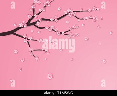 Kreative Vektor-illustration Pflaumenblüten Hintergrund Papier schneiden Stil. Pflaume Blume oder Cherry Blossom auf rosa Hintergrund. Einladungskarte, Vorlage, pos Stock Vektor