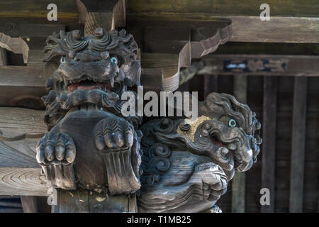 Aus Holz geschnitzte Shishi Lion Riechen an Honden (Große Halle) von Arakura Fuji Sengen Shrine. In Arakurayama Sengen Park, Fujiyoshida, Yamanashi, Japa Stockfoto