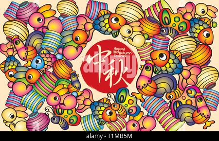 Mid Autumn Festival Design mit bunten Laternen, die chinesische Wörter bedeutet glücklich Mid Autumn Festival. Stock Vektor
