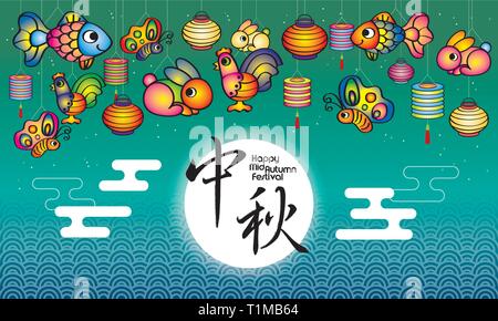 Mid Autumn Festival Design mit bunten Laternen, die chinesische Wörter bedeutet glücklich Mid Autumn Festival. Stock Vektor