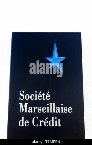 Sete, Frankreich - Juli 12, 2018: Societe de Marseille credit Logo auf eine Wand. Societe de Marseille Kredit ist eine französische Bank, Credit du Nord Stockfoto