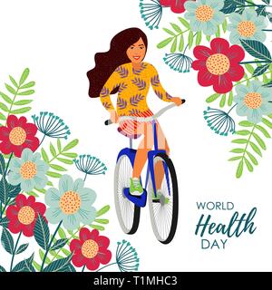 Gesunde Lebensweise. Vector Illustration mit Mädchen auf einem Fahrrad- und Blumen auf einem weißen Hintergrund. Stock Vektor