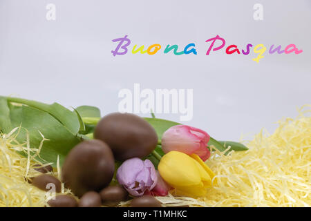 Sehr bunt Text (Buona Pasqua ist Frohe Ostern in Italienisch geschrieben) für Ostern Stockfoto