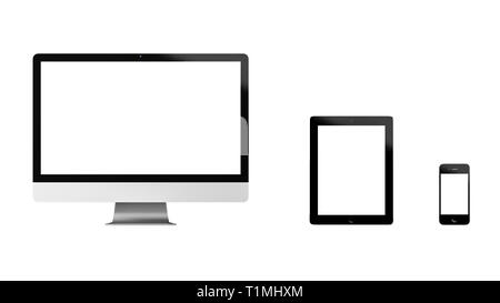 3D-Rendering von Computer und mobile Geräte wie Tablet und Smartphone vor weißem Hintergrund für die Darstellung von Inhalten aus dem Internet und Ap Stockfoto