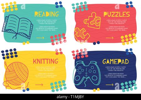 Landing Page stellen abstrakte Muster mit unterschiedlichen Element Textblock und doodle Pflanzen, Kakteen, Blume, Blatt Symbol. Vektor spaß Hintergrund Stock Vektor