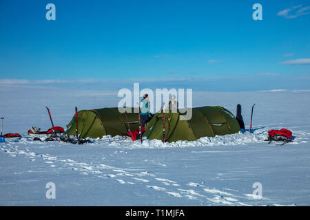 Cross Country Ski Touren Gruppe Camping auf der Finnmarksvidda Plateau. Finnmark, Das arktische Norwegen. Stockfoto