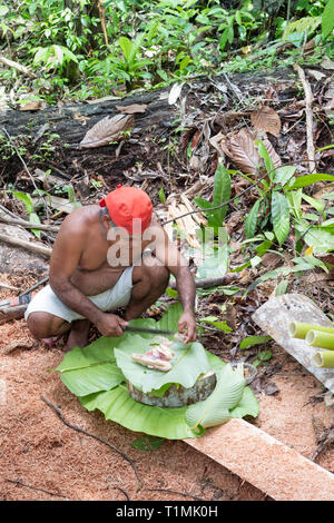 Indigene Nuaulu Alfur Menschen der Gruppe, die ein traditionelles Erde Backofen, Seram Insel, Molukken, Indonesien Stockfoto