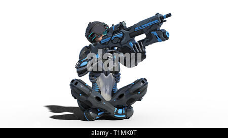 Android weiblichen Soldaten, militärische Cyborg Frau bewaffnet mit Gewehr sitzend auf weißem Hintergrund, Sci-Fi-girl, 3D-Rendering Stockfoto