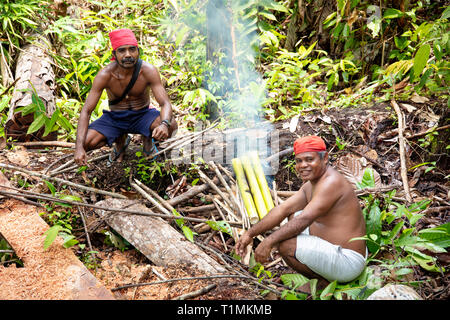 Indigene Alfur Jäger der Nuaulu Gruppe, die eine Erde Backofen im Regenwald, Insel Seram, Molukken, Indonesien Stockfoto