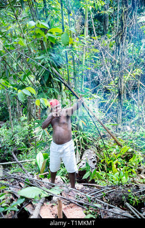 Indigene Alfur Jäger der Nuaulu Gruppe mit Pfeil und Bogen in den Regenwald, Insel Seram, Molukken, Indonesien Stockfoto