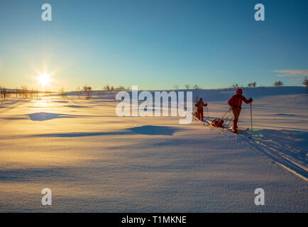 Cross Country Ski Touren Gruppe der Finnmarksvidda Plateau überquert. Finnmark, Das arktische Norwegen. Stockfoto