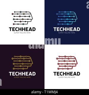 Kopf Tech logo, Pixel Kopf logo Konzept vector, Robotertechnik Logo template Designs Vector Illustration. Stock Vektor