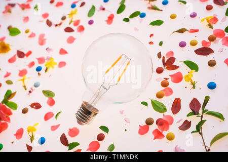 Glühlampe Kreativität und neue Ideen Konzept über den Frühling Blumenschmuck von bunten Blüten und Blätter Stockfoto