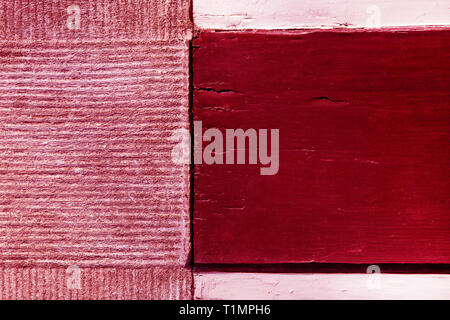 Hintergrund Mit mit braunem Holz, Backstein und weißen Brettern gemischt. Andere Textur von Zement und Holz mit einer Kirsche - Farbe. Stockfoto