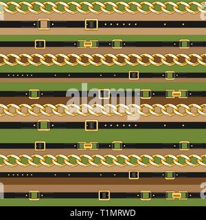 Abctract horizontale nahtlose Muster mit Riemen und Kette auf für Gewebe verteilt. Trendy grün wiederholt zu drucken. Stock Vektor