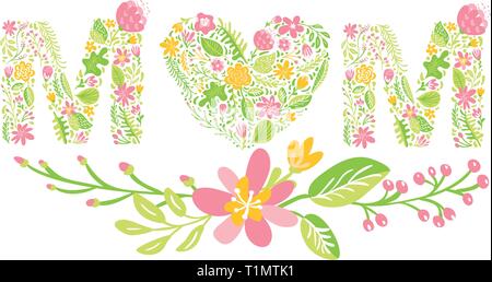 Blumen Sommer Wort Mama. Blume Hauptstadt Hochzeit Großbuchstaben. Bunte Schrift mit Blüten und Blättern. Vector Illustration im skandinavischen Stil für Mo Stock Vektor