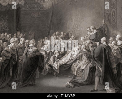 Der Tod des Grafen von Chatham, nach einem Gemälde von John Singleton Copley. William Pitt, 1. Earl of Chatham, englischer Staatsmann und Premierminister. In der Tat, Pitt nicht im Hause des HERRN sterben. Er stürzte am 7. April 1778 und starb in Hayes, Kent, 11. Mai 1778. Stockfoto