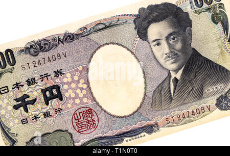 Japanische Währung 1000 yen Banknote mit Porträt der Hideyo Noguchi. Yen ist die offizielle Währung von Japan Stockfoto