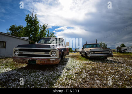 Old Pickup Trucks ohne Räder und einem Hinterhof in Colorado Stockfoto