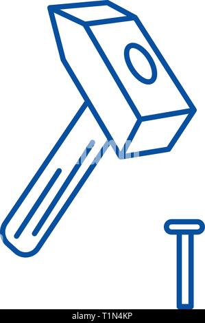 Hammer mit Pin Symbol Leitung Konzept. Hammer mit Pin vektor Symbol, Zeichen, umriss Abbildung. Stock Vektor