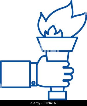 Hand mit Feuer Taschenlampe, wenn das Ziel Symbol Leitung Konzept. Hand mit Feuer Taschenlampe, wenn das Ziel flachbild Vektor Symbol, Zeichen, umriss Abbildung. Stock Vektor
