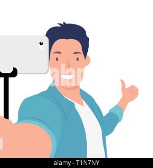 Menschen Cartoon Character Design hübscher junger Mann unter selfie Fotos mit Daumen nach oben. Ideal sowohl für Print und Web Design. Stock Vektor