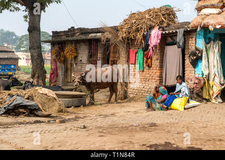 RAJMAHAL, Bihar, INDIEN -, eine Gruppe von Frauen sitzen vor ihren Häusern beobachten den Verkehr vorbei. Stockfoto