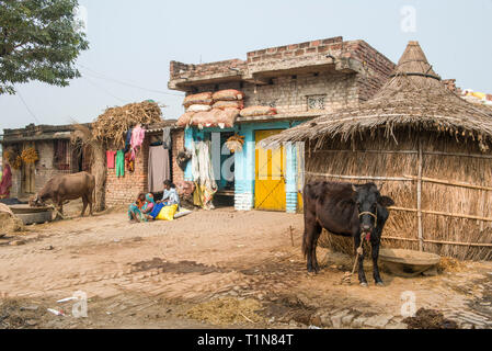 RAJMAHAL, Bihar, INDIEN -, eine Gruppe von Frauen sitzen vor ihren Häusern beobachten den Verkehr vorbei. Stockfoto