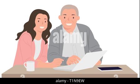 Menschen Cartoon Character Design junge Tochter lehre Vater, wie Laptop zu benutzen. Ideal sowohl für Print und Web Design. Stock Vektor