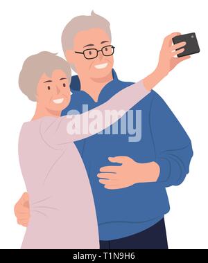 Menschen Cartoon Character Design senior Paar unter selfie per Handy glücklich. Ideal sowohl für Print und Web Design. Stock Vektor