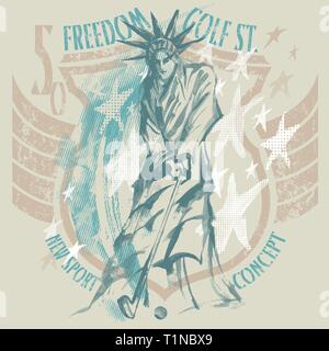 Die Freiheitsstatue spielen Sie Golf auf Amerikaner Abzeichen Stock Vektor