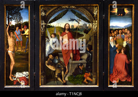 Triptyque der Auferstehung Christi 1490 von Hans Memling (memlinc) 1430-1494 Belgische, Belgien, Flämische, (Links: Das Martyrium des Heiligen Sebastian Rechten: Die Himmelfahrt Christi) Stockfoto