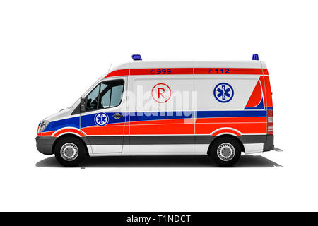 3D-Rendering von Krankenwagen oder not-Lkw der Rettungsdienst mit Notarzt hast für Geschädigte oder Unfallopfer ins Krankenhaus Stockfoto