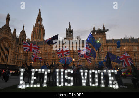 Anti-Brexit-Demonstranten mit einem beleuchteten Schild mit der Aufschrift „Lassen Sie uns abstimmen“ vor dem Londoner Parlamentsgebäude an dem Tag, an dem die Abgeordneten aufgefordert werden, eine Reihe alternativer Brexit-Optionen in Erwägung zu ziehen, nachdem das Parlament die Kontrolle über die Agenda des Unterhauses übernommen hat, um eine Reihe von indikativen Abstimmungen zu erzwingen. Stockfoto