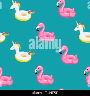 Nahtlose Muster rosa Flamingo und farbigen Einhorn aufblasbar. Pool schwimmen. Aufblasbare bunte Einhorn. Schwimmen Kreis. Realistische Sommer illustra Stock Vektor