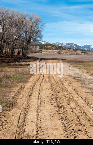 Schlammigen Spuren auf einer Ranch dirt road; Colorado; USA Stockfoto