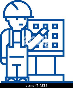 Meister, Meister, Ingenieur mit Maschine Symbol Leitung Konzept. Meister, Meister, Ingenieur mit Maschine flachbild Vektor Symbol, Zeichen, umriss Abbildung. Stock Vektor