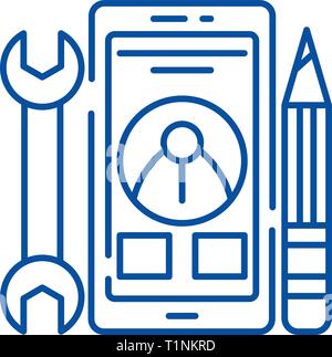 Die mobile Entwicklung Symbol Leitung Konzept. Entwicklung mobiler Flachbild vektor Symbol, Zeichen, umriss Abbildung. Stock Vektor