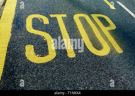 Gelb lackiert Stop Fahrbahnmarkierung auf de straße Stockfoto