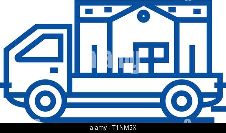 Umzug Lkw Symbol Leitung Konzept. Umzug Lkw flachbild Vektor Symbol, Zeichen, umriss Abbildung. Stock Vektor