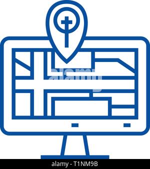 Navigation Monitor mit Karte Symbol Leitung Konzept. Navigation Monitor mit Karte flach Vektor Symbol, Zeichen, umriss Abbildung. Stock Vektor