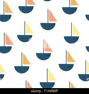 Nahtlose Vektormuster Boote. Vintage Siebdruck Textur Segelboote blau, orange, korallengelb auf weißem Hintergrund. Nautisches Design für Stoff, zu Hause Stock Vektor