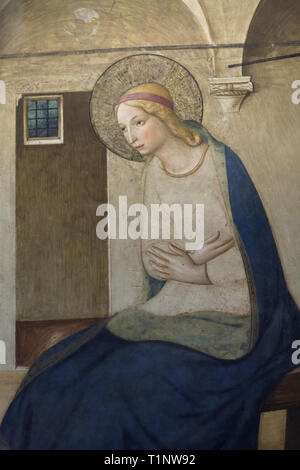 Jungfrau Maria in das Fresko "Verkündigung", dargestellt von der italienischen Frührenaissance Maler Fra Angelico (1442-1443) im nördlichen Korridor in der San Marco Kloster (Convento di San Marco), nun das San Marco Museum (Museo Nazionale di San Marco) in Florenz, Toskana, Italien. Stockfoto