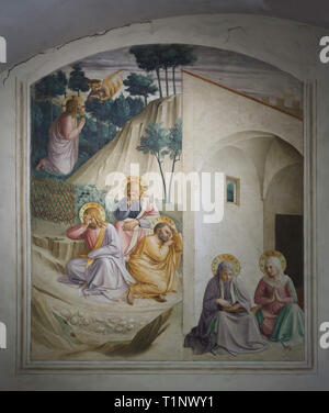 Fresko "Christus am Ölberg" durch die italienische Frührenaissance Maler Fra Angelico (1440-1442) an der Wand in die Zelle des Mönchs im San Marco Kloster lackiert (Convento di San Marco), nun das San Marco Museum (Museo Nazionale di San Marco) in Florenz, Toskana, Italien. Stockfoto